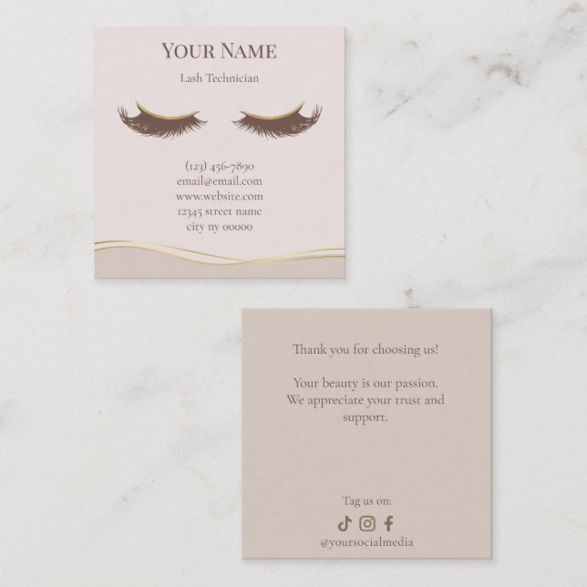 Elegant beige Lash Technician Thank you Card Lojalitetskort (Fram/baksida)