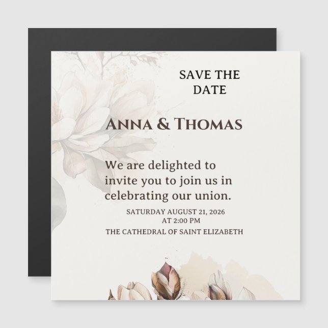 Elegant Beige Magnolia sparar datumkortet Magnetisk Inbjudningskort (Fram/baksida)