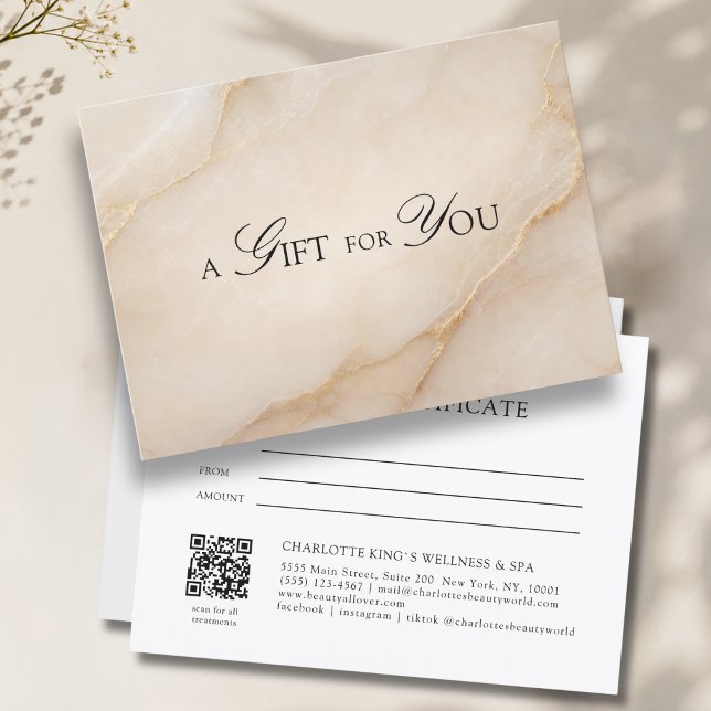 Elegant beige marmorerad QR-kod presentkort (A Gift for You! Beige Gold Marble QR Code)