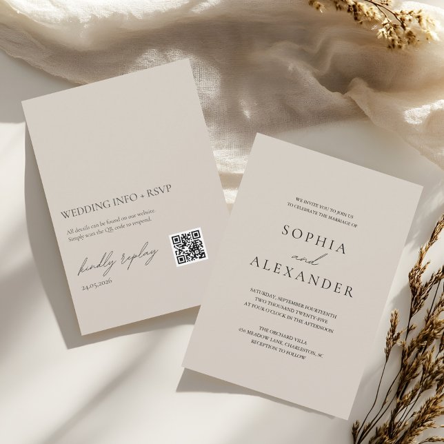 Elegant Beige Minimalistisk Bröllop med RSVP QR-ko Inbjudningar (Skapare uppladdad)