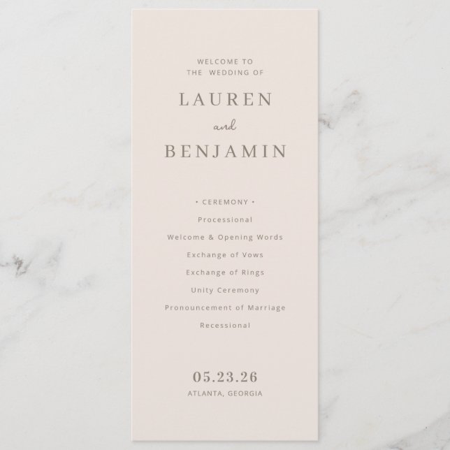 Elegant Beige Minimalistisk Bröllopsceremoni Program (Framsida)