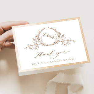 Elegant Beige Monogram, Watercolor Bröllop Tack Kort