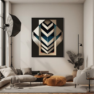 Elegant Beige Navy Art Deco Geometrisk Chevron Poster