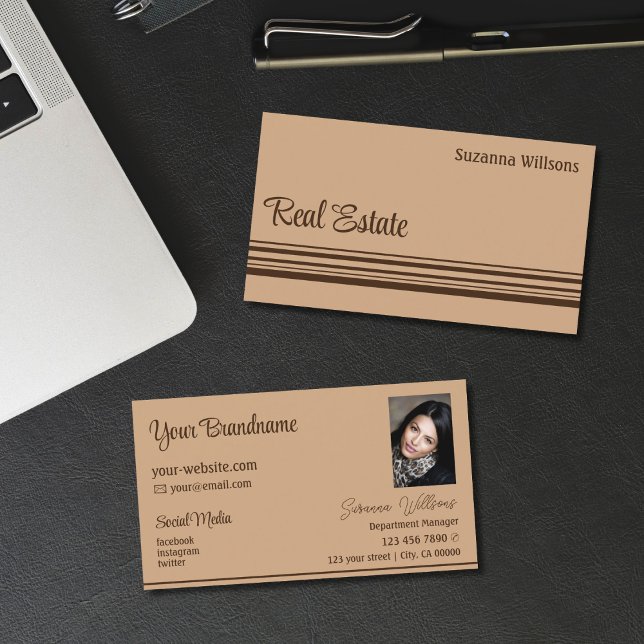 Elegant Beige och Brown Rand med Photo Snyggt Visitkort (Skapare uppladdad)