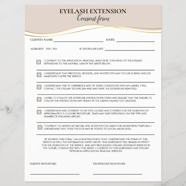 Elegant beige och guld Eyelash samtyckesformulär Reklamblad (Framsidan)
