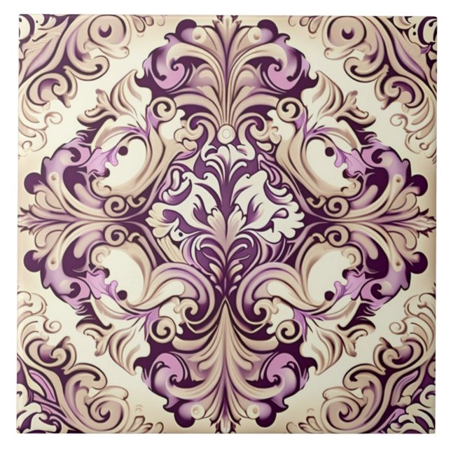 Elegant Beige och Rosa Baroque Damask Ceramic Tile Kakelplatta (Framsidan)