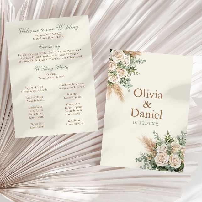 Elegant Beige Pampas & Ros Bröllopsprogram Program (Elegant Beige Pampas & Rose Wedding Program on a neutral dry palm leaf)