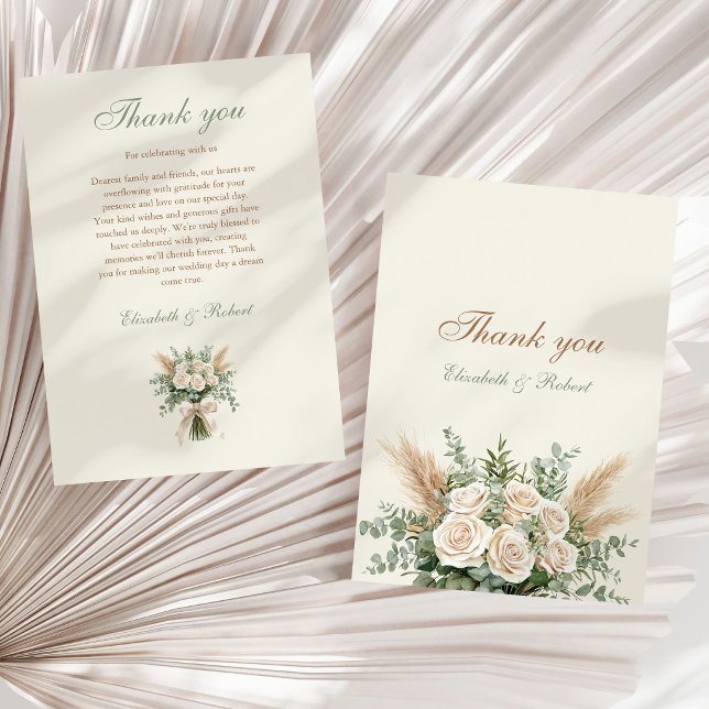 Elegant Beige Pampasgräs Bröllop Tacksamhetskort Tack Kort (Elegant Beige Pampas Grass Wedding Thank You Card on a neutral dry palm leaf)