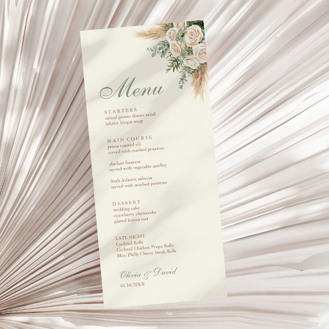 Elegant Beige Pampasgräs Bröllopsmenykort Meny (Elegant Beige Pampas Grass Wedding Menu Card on a neutral dry palm leaf)