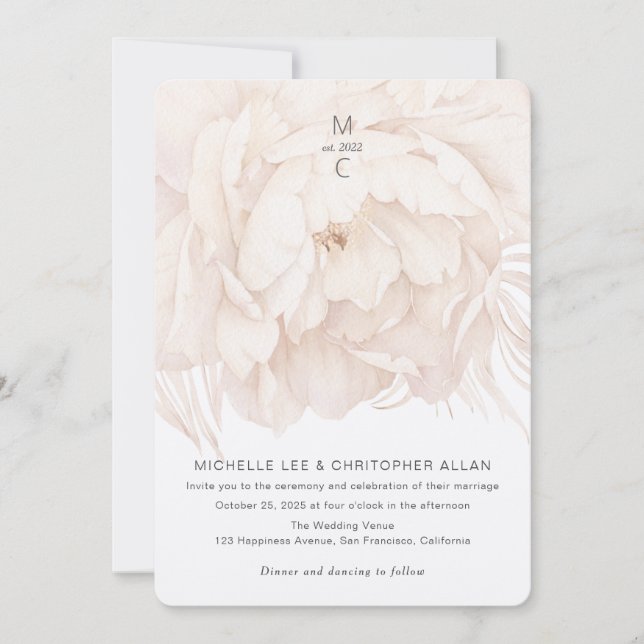 Elegant, beige peony, modern blommigt trädgårdsbrö inbjudningar (Framsida)
