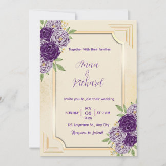 Elegant Beige & Purple Floral Wedding Invitation Inbjudningar