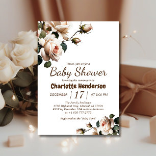 Elegant Beige Ro Baby Shower-inbjudan för flickor Inbjudningar