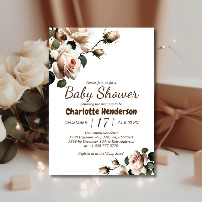 Elegant Beige Ro Baby Shower-inbjudan för flickor Inbjudningar (Gentle Girl Baby Shower Invite!)