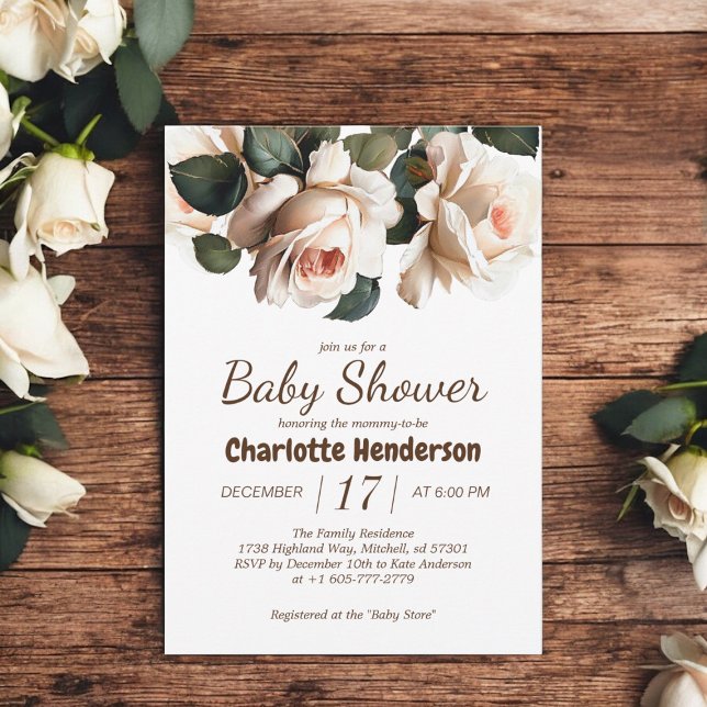 Elegant Beige Ro Baby Shower Inbjudningar (Elegant Beige Rose Girl Baby Shower Invitation)