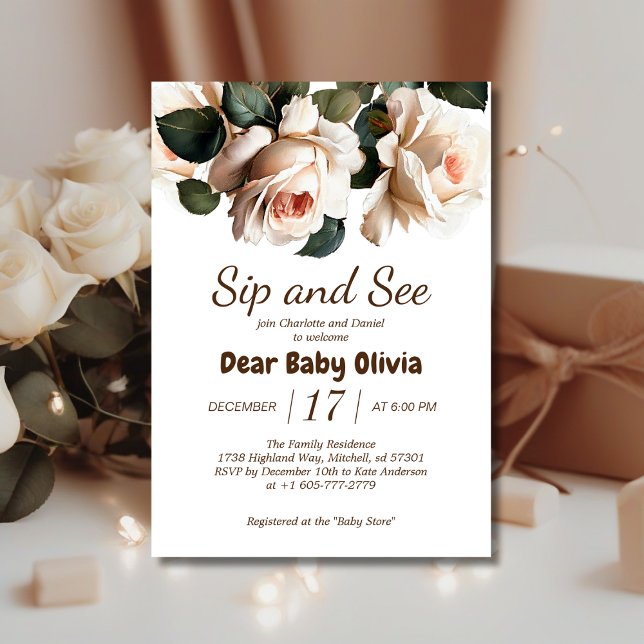 Elegant Beige Ro Sip och se Baby Shower för flicko Inbjudningar (Gentle Sip & See Baby Shower Invite!)