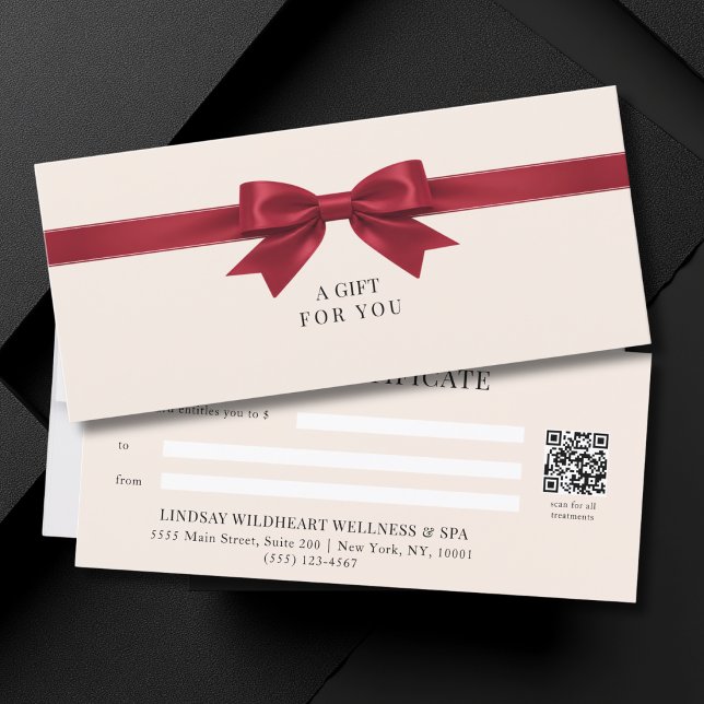 Elegant Beige Röd Bow QR-kod Presentkort (Elegant Beige Red Bow QR Code Gift Certificate)