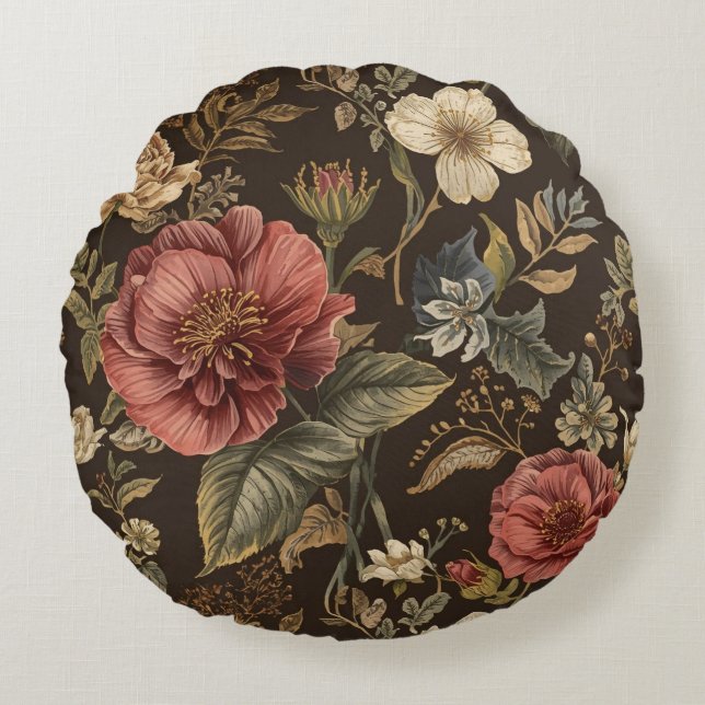 Elegant, beige rödbrun blommig mönster rund kudde (Framsidan)