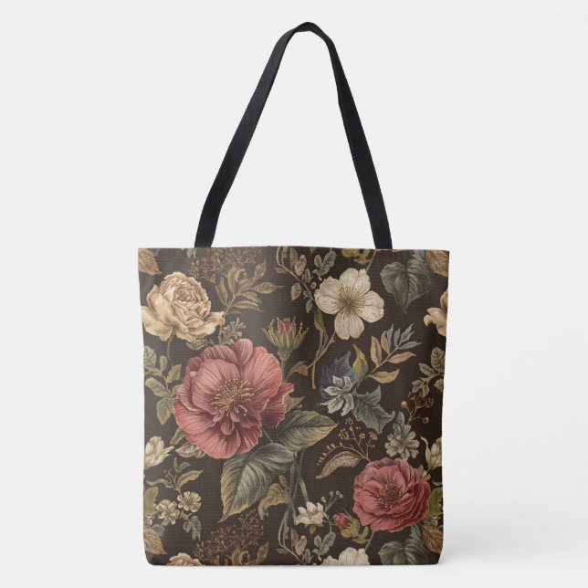 Elegant, beige rödbrun blommig mönster tygkasse (Framsida)