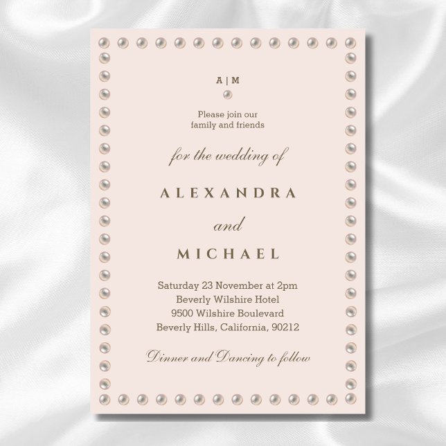 Elegant Beige Rosa Monogram Pearl Bröllop in Inbjudningar (Skapare uppladdad)