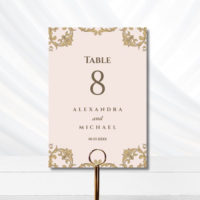 Elegant Beige Rosa Ornate Baroque Bröllop Bordsnummer (Skapare uppladdad)