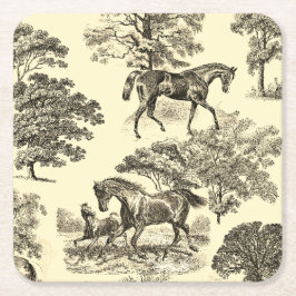 Elegant Beige Rustic Horses Toile Underlägg Papper Kvadrat
