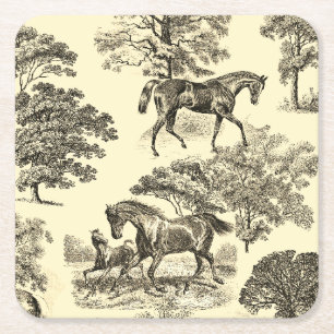 Elegant Beige Rustic Horses Toile Underlägg Papper Kvadrat