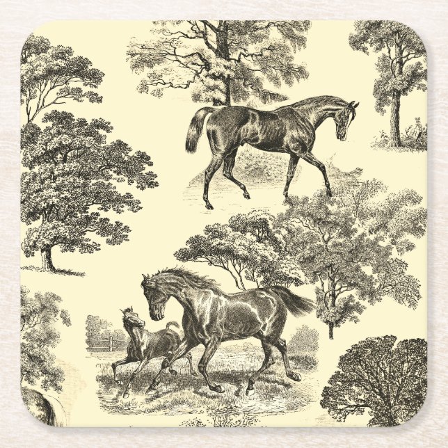 Elegant Beige Rustic Horses Toile Underlägg Papper Kvadrat (Framsidan)