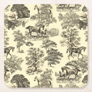 Elegant Beige Rustic Horses Toile Underlägg Papper Kvadrat