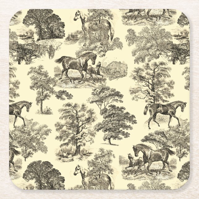 Elegant Beige Rustic Horses Toile Underlägg Papper Kvadrat (Framsidan)