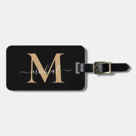 Elegant Beige & Svart Monogram Skript Namn Bagagebricka