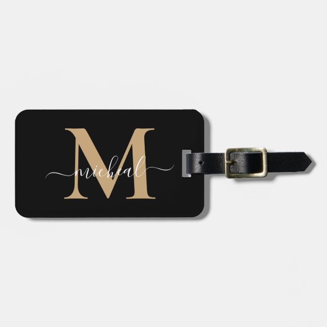Elegant Beige & Svart Monogram Skript Namn Bagagebricka (Horisontell Framsida)