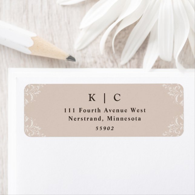 Elegant Beige Taupe Bröllop Returadress Etikett (Insitu)