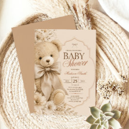 Elegant Beige Teddybjörn Babyshower Inbjudningar