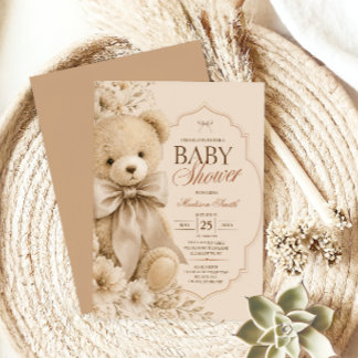 Elegant Beige Teddybjörn Babyshower Inbjudningar