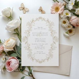 Elegant Beige Toile Blommigt Utandning Bröllop Inbjudningar