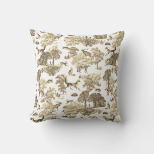 Elegant Beige White Fox Rabbit Woodland Toile Kudde
