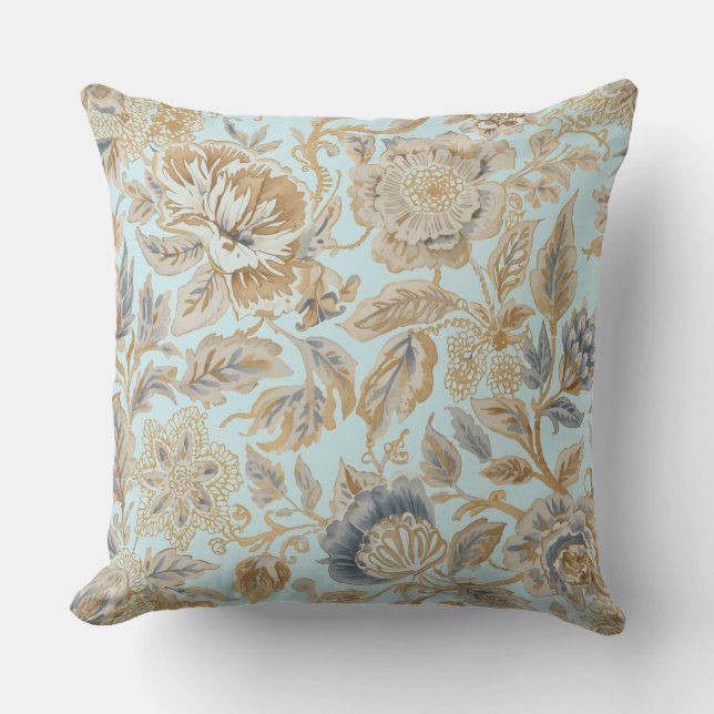 Elegant,Beigie Gold Soft Blue Flowers Pattern Kudde (Framsida)