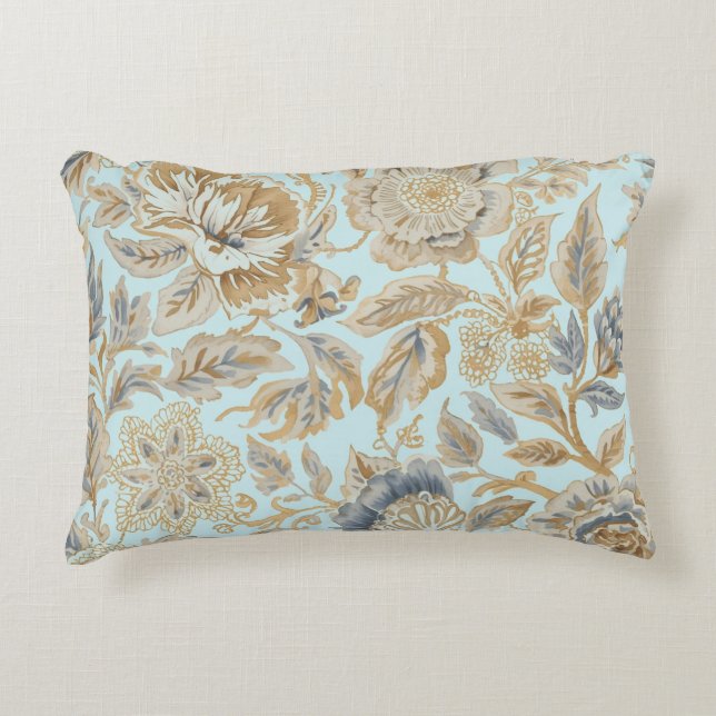 Elegant,Beigie Gold Soft Blue Flowers Pattern Prydnadskudde (Framsidan)