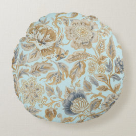 Elegant,Beigie Gold Soft Blue Flowers Pattern Rund Kudde