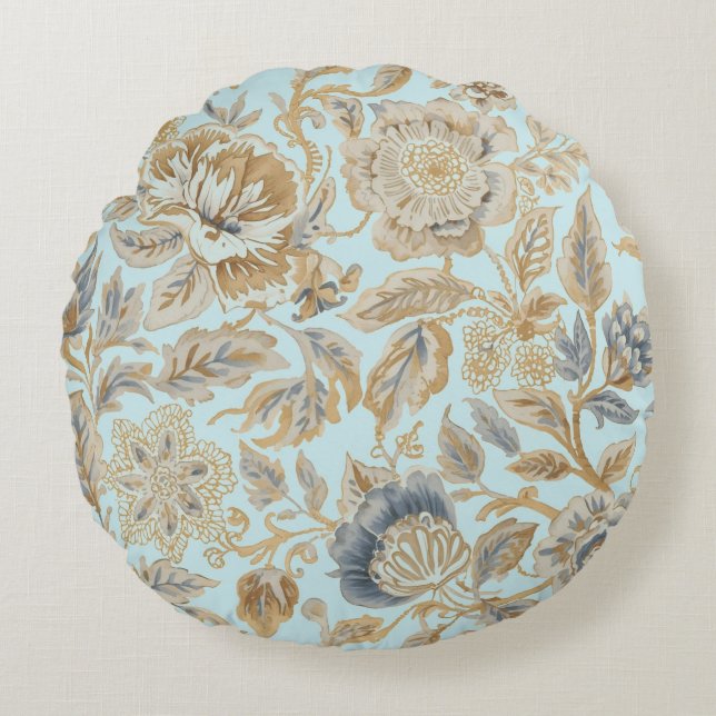 Elegant,Beigie Gold Soft Blue Flowers Pattern Rund Kudde (Framsidan)