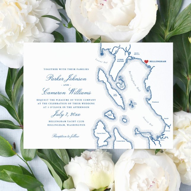 Elegant Bellingham Washington Karta Bröllop Inbjudningar (Elegant Bellingham Washington  Map wedding invitation in navy blue from Coastal Map Designs)