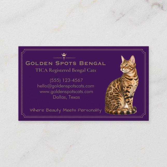 Elegant Bengal Katt Uppfödare Anpassningsbar  Visitkort (Framsida)