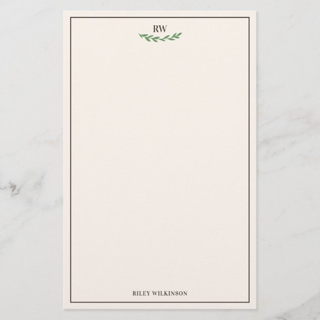 Elegant Benvit Brown Grönt Greenery Monogram Brevpapper (Framsida)