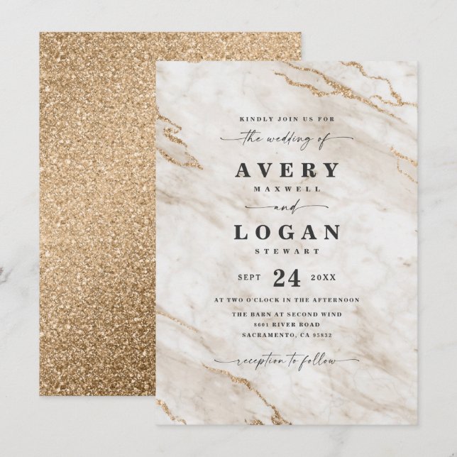 Elegant Benvit & Guld Marble & Glitter Bröllop Inbjudningar (Fram/baksida)