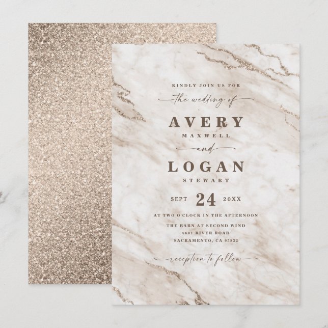 Elegant Benvita Beige Marble & Glitter Bröllop Inbjudningar (Fram/baksida)