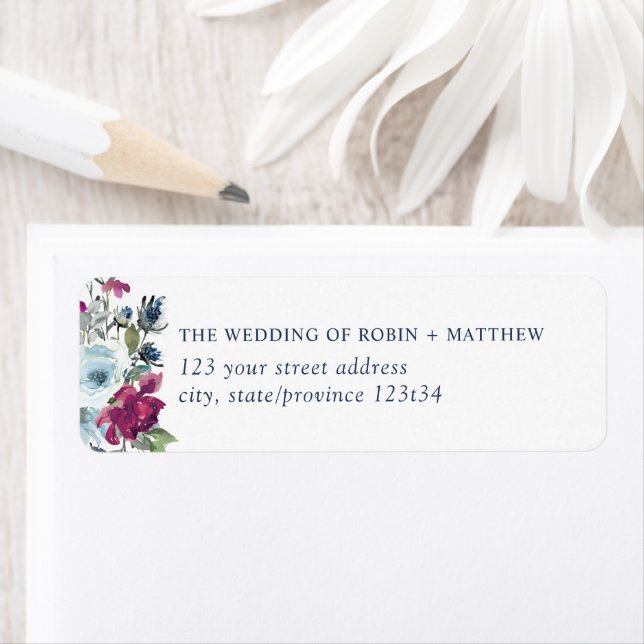 Elegant Berry Burgundy och Blue Blommigt Adress La Returadress Etikett (Insitu)