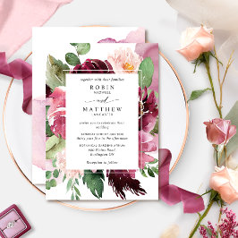 Elegant Berry, Burgundy Rosa Blommigt Bröllop Inbjudningar