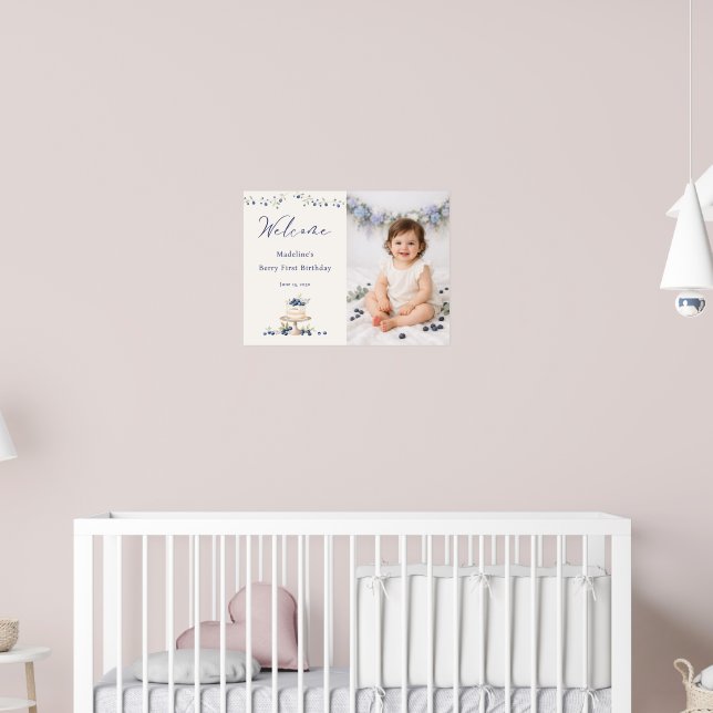 Elegant Berry First Birthday Photo Welcome Poster (Barnkammare 2)