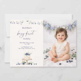 Elegant Berry First Blueberry Birthday Cake Photo Inbjudningar