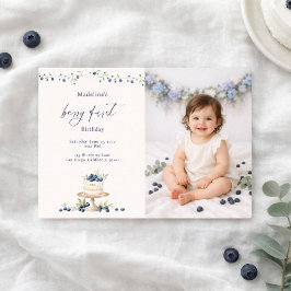 Elegant Berry First Blueberry Birthday Cake Photo Inbjudningar